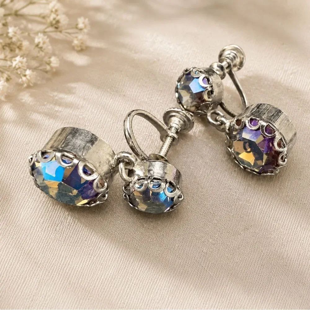 Antique Aurora Borealis Crystal Drop Dangle Earrings Iridescent Blue Screwback